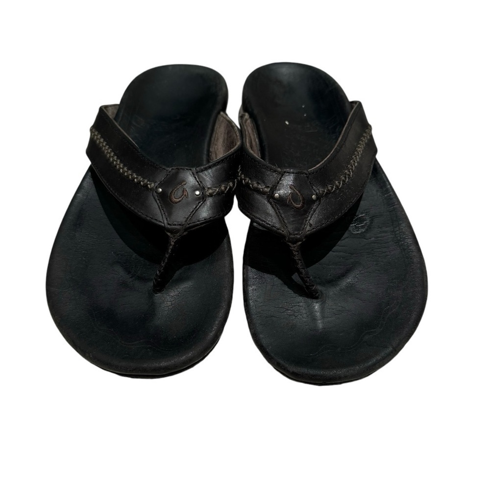 Men's OluKai Mea Ola Leather Beach Flip Flop Sandals (SIZE 12 - BLACK) 101384040